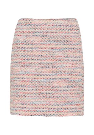 Tkanina izška suknja z teksturirano površino, ki ima horizontalne črte v pastelnih barvah roza, modre in bež. Klasičen A-linijski kroj.