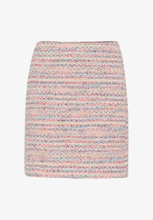 Gewebter Rock aus Stoff mit strukturierter Oberfläche, der horizontale Streifen in sanften Farben wie Rosa, Blau und Beige aufweist. Klassische A-Linien-Form.