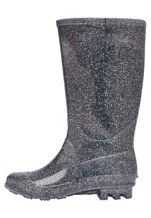 Botte de pluie noire pailletée avec semelle texturée et hauteur mi-mollet, conçue pour une utilisation extérieure étanche.