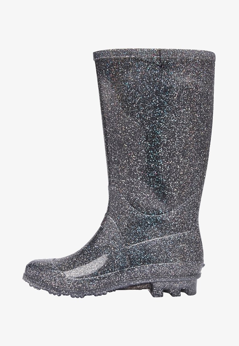 Botte de pluie noire pailletée avec semelle texturée et hauteur mi-mollet, conçue pour une utilisation extérieure étanche.