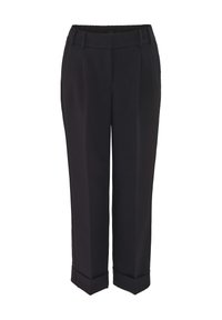 Pantalons noirs ajustés avec un devant plissé, une taille élastique, une longueur raccourcie et des poignets retroussés. Fabriqués en un tissu lisse.