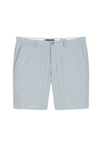 Shorts bleu clair en tissu mélangé coton. Comprend deux poches avant, une fermeture à bouton et une coupe droite. Texture lisse, sans motifs visibles.