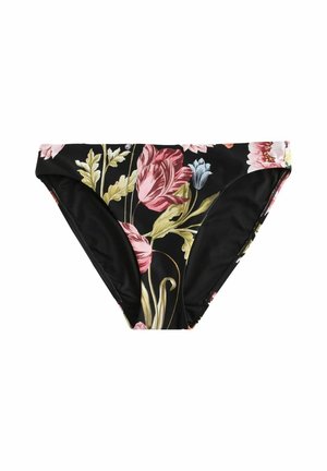 Bikini gaćice s cvjetnim uzorkom na crnoj pozadini, s ružičastim i plavim cvjetnim motivima; izrađene od glatkog, rastezljivog materijala.