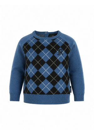 Maglione a maniche lunghe blu e nero con motivo argyle, con polsini e orlo a costine, con le lettere "JR" sul petto.