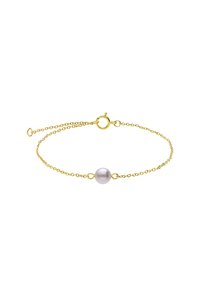 Gold chain bracelet featuring a single round pearl. The design includes a secure clasp and delicate links, providing an elegant appearance.
