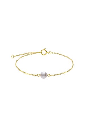 Gouden armband met een enkele ronde parel. Het ontwerp omvat een veilige sluiting en fijne schakels, wat zorgt voor een elegante uitstraling.