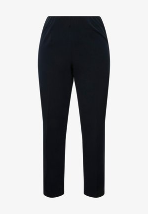 Black, lightweight pants with a smooth texture, straight-leg design, and an elastic waistband. No pockets or visible seams.