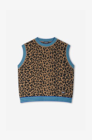 Pletena brezrokavna majica z rjavim leopardjim potiskom. Kontrastni modri rebrasti izrez in armholes, z modro-zelenim črtastim robom.