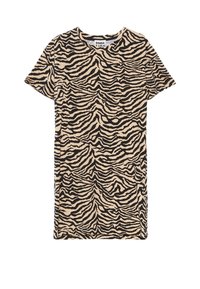 Beżowa sukienka T-shirt z czarnym wzorem w tygrysie paski, krótki rękaw, okrągły dekolt, wykonana z miękkiego materiału. Luźny krój, bez dodatkowych akcentów.