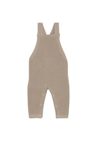 Beige gebreide baby romper met verstelbare schouderbandjes en drukknoopjes langs de binnenbeennaad voor gemakkelijke luierwissels.