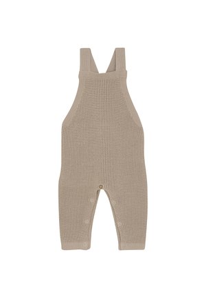 Beige gestrickter Baby-Overall mit verstellbaren Schulterträgern und Druckknöpfen entlang der Innennaht für einen einfachen Windelwechsel.