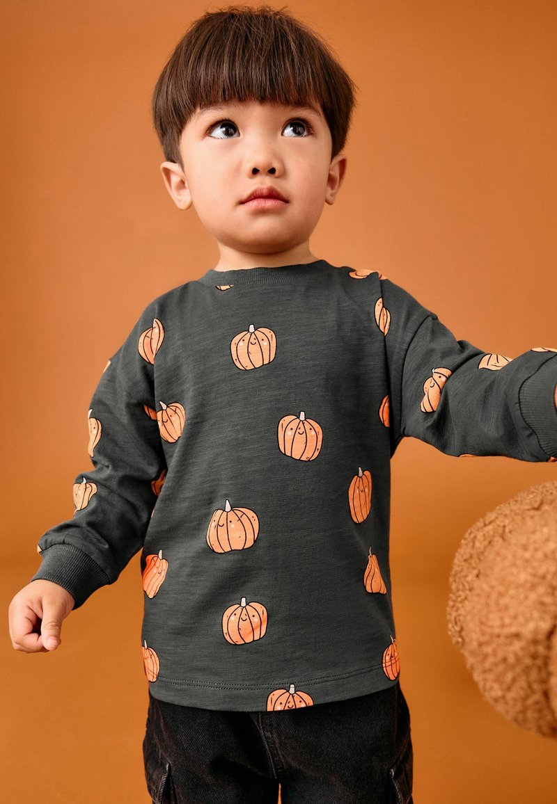 Grå långärmad skjorta med ett heltäckande pumpamönster i orange. Har rundad halsringning och ribbade manschetter. Klassisk passform, mjuk textur.