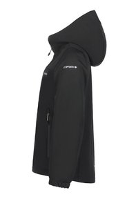 Czarna kurtka softshell z kapturem, zapinana na zamek kieszeń boczna, elastyczne mankiety oraz logo "ICEPARK" na ramieniu. Gładka struktura, dopasowany fason.
