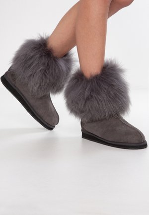 Legs wearing gray suede boots with thick, fluffy fur cuffs, standing on a white surface with one foot slightly raised.