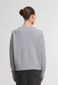 Hellgrauer Strickpullover mit langen Ärmeln, einem gerippten Saum und einem runden Ausschnitt, der eine weiche Textur und eine lockere Passform aufweist, von hinten betrachtet.