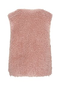 Różowa, puszysta kamizelka z teksturowanego materiału z sztucznego futra. Bez rękawów, prosty krój, zaokrąglony dekolt. Widok z tyłu ukazuje pluszową powierzchnię.