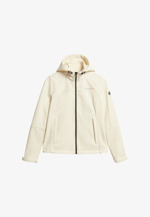 Cremefarbener Fleece-Jacke mit Reißverschluss vorne, verstellbare Kapuze, zwei Seitentaschen sowie kontrastierenden schwarzen Reißverschluss und Akzenten. Mit Logo auf der Brust.