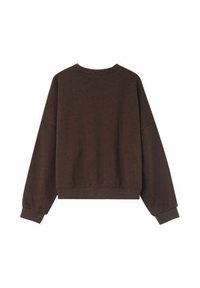 Felpa in cotone marrone con scollatura a girocollo, spalle scese e polsini a coste. Il retro presenta una texture semplice e liscia.