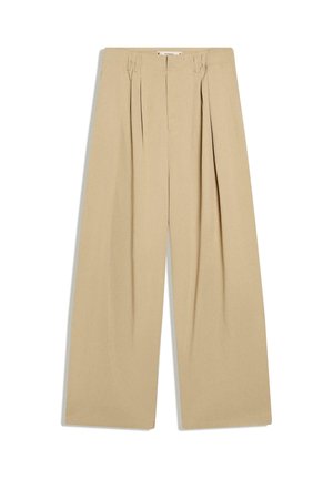 Beige wide-leg trousers with front pleats, belt loops, and a concealed closure at the waist, displayed flat on a white background.