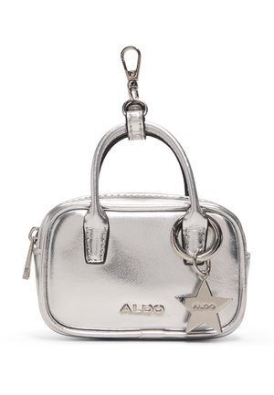 Small metallic silver handbag with two handles, a zipper, a star-shaped charm, and a clip for attaching to other items.
