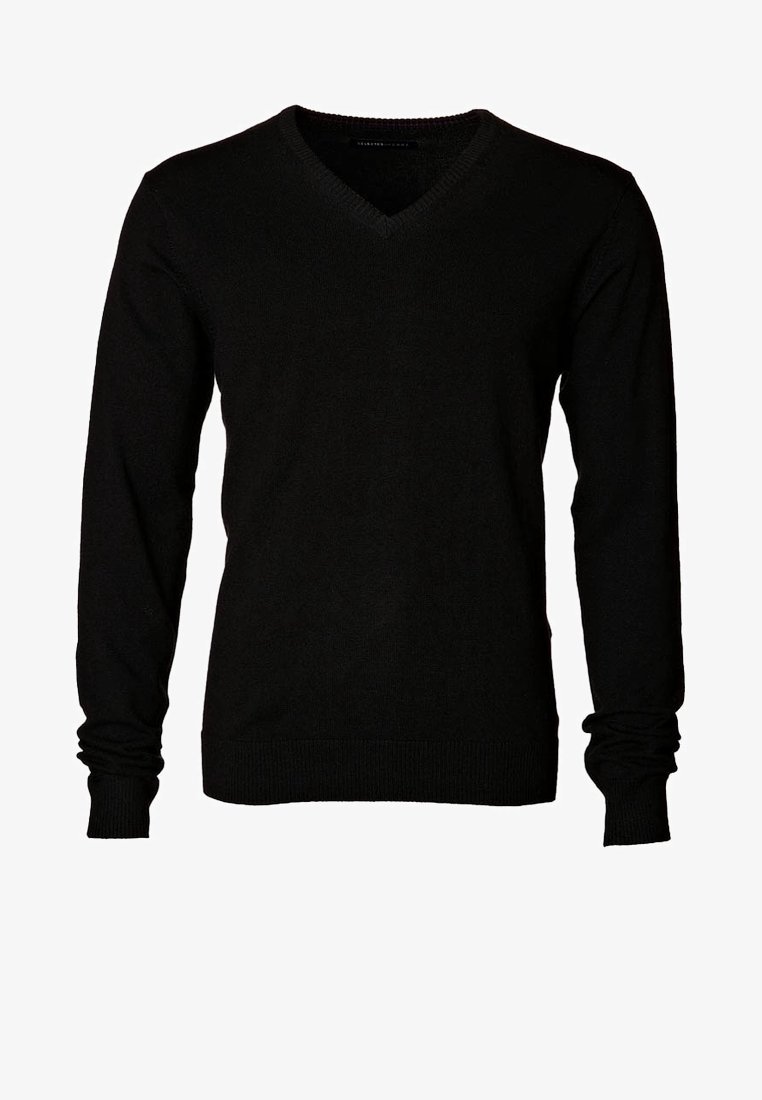 Svart V-ringad tröja av mjukt, stickat material. Har långa ärmar och en figurnära design. Ribbstickade muddar och fåll för extra struktur.