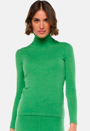 Pull à col roulé vert en tricot doux. Design ajusté avec des manches longues et une texture subtile. Col roulé sans couture.