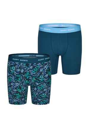 Zwei Paar Herrenboxershorts: eine in einfarbigem dunkelpetrol, die andere mit einem tropischen Blattmuster in Blau und Grün. Beide verfügen über einen weichen elastischen Bund.