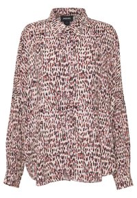 Camisa abotonada de tejido ligero, con un estampado de leopardo en tonos rosa, negro y blanco, con cuello clásico y mangas largas.