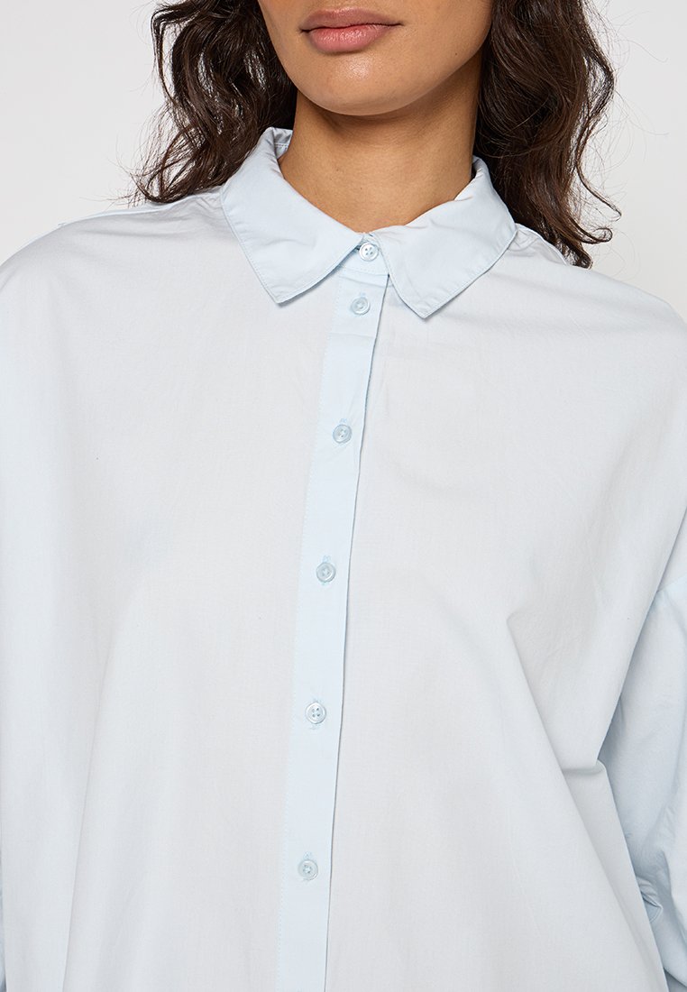 Donna che indossa una camicia azzurra chiara con colletto a punta, visibile dalle spalle alle labbra, con capelli scuri e mossi parzialmente visibili.