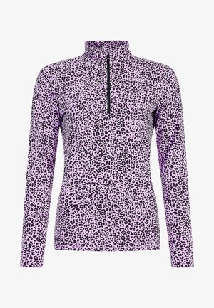 Dlhý rukáv, štvrťzip vrch s svetlo fialovou farbou a čiernym leopardím vzorom; hladká tkanina s golierom a štíhlym strihom.