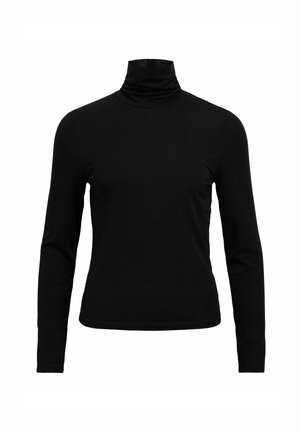 Schwarzes Rollkragenoberteil, lange Ärmel, aus einem glatten, dehnbaren Stoff; taillierter Schnitt mit hohem Kragen und einem schlichten, nahtlosen Finish.