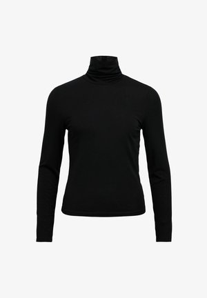 Schwarzes Rollkragenoberteil, lange Ärmel, aus einem glatten, dehnbaren Stoff; taillierter Schnitt mit hohem Kragen und einem schlichten, nahtlosen Finish.