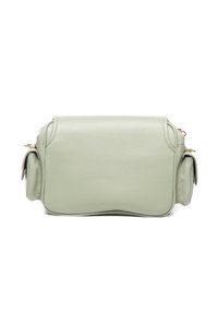 Lichtgroene leren crossbodytas met een gestructureerde vorm, een gladde textuur en gouden accenten op de ritsen.