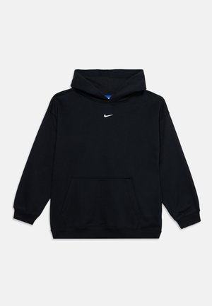 Sweat à capuche noir avec poche avant et petit logo blanc Nike centré sur la poitrine sur un fond uni.