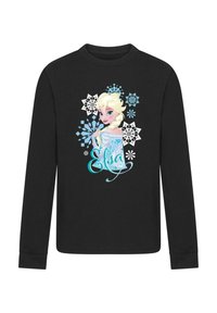 Schwarzes Langarmshirt mit einem Grafikmotiv eines Charakters mit blonden Haaren, umgeben von Schneeflocken und dem Namen "Elsa" in Türkis.