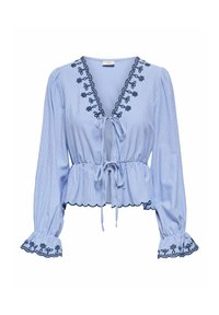 Blouse met blauwe strepen en een scalloped zoom, sluiting met strik aan de voorkant en lange mouwen. Bevat geborduurde bloemmotieven langs de halslijn en manchetten.