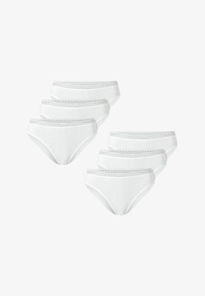 Weiße Baumwollslips mit glatter Oberfläche, verziert mit einer dekorativen Spitzenborte am Bund. Set aus fünf Teilen.