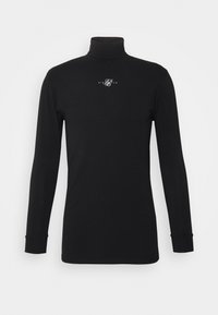 Svart långärmad turtle neck-tröja i bomull med slim fit. Har en liten vit logotyp centrerad på bröstet. Slät textur, minimal design.