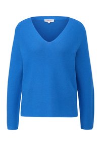 Blaues V-Ausschnitt-Sweatshirt aus strukturiertem Stoff mit langen Ärmeln und gerippten Bündchen. Das Design zeichnet sich durch eine lockere Passform und eine einheitliche Farbe aus.