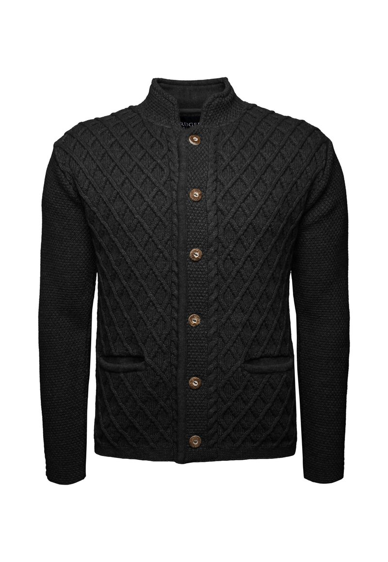 Cardigan nero lavorato a maglia con motivo a rombi, due tasche frontali e bottoni in legno. Collo alto e dettaglio in tessuto testurizzato.
