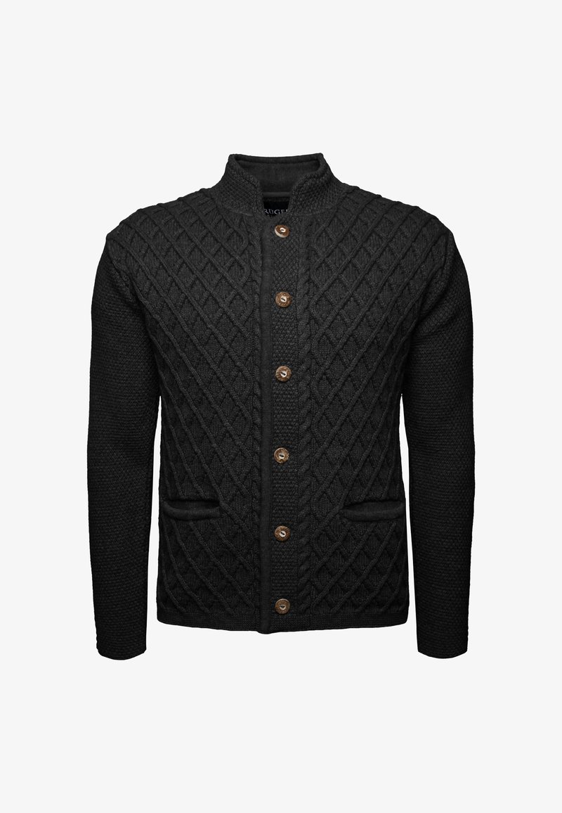 Cárdigan negro de punto con un patrón de diamantes, dos bolsillos frontales y botones de madera. Cuello alto y detalle de tela texturizada.