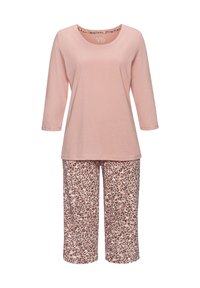 Pink long-sleeve top with a round neckline paired with leopard-print cropped pants; both made from soft, lightweight fabric.