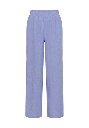 Pantaloni largi, de culoare albastru deschis, cu talie elastică, fabricați din material moale și respirabil, potriviți pentru purtat casual sau acasă.