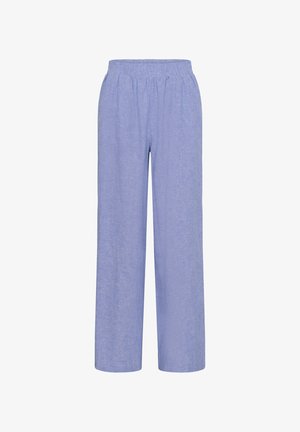 Pantaloni azzurri a gamba larga con elastico in vita, realizzati in tessuto morbido e traspirante, adatti per abbigliamento casual o da casa.