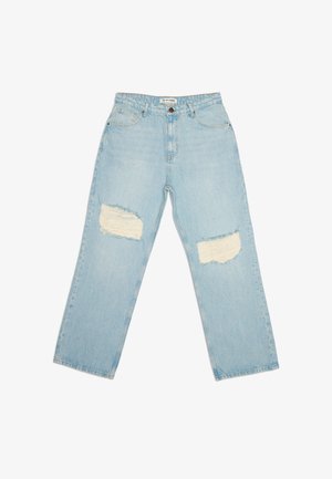 Lyseblå denim jeans med høj talje, lige ben og slidte lapper på begge lår.