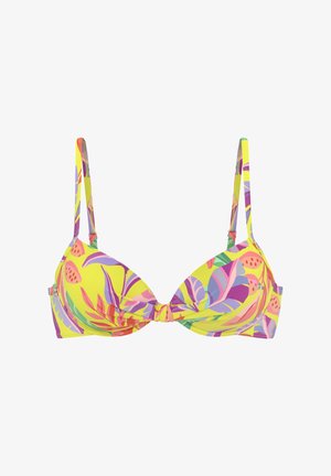 Push-up-Bikinioberteil mit leuchtend gelbem Hintergrund, das mit einem bunten Blumen- und Laubmuster in rosa, lila und grünen Akzenten verziert ist. Dünne Träger.