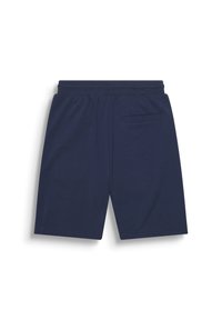 Shorts in maglina blu navy con vita elastica, dotati di una tasca sul retro e taglio dritto. Texture morbida e design semplice.