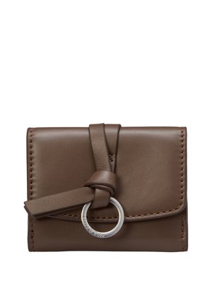 Brown leather wallet with stitched edges, a looped strap, and a silver metal ring engraved with a brand name.