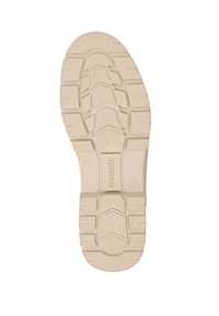Sole of a shoe, light beige rubber with a tread pattern, featuring grips and indentations for traction. Logo and size 37 are visible.