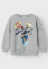 Šedá mikina s potiskem karikatur psů v akčních pozicích a textem "POWER UP PUPS!" vytištěným tučným písmem. Hladké manžety a lem.
